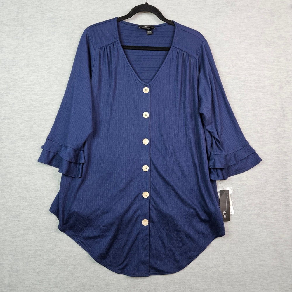 AGB Woman Navy Blue Ruffle Sleeve Button Front Blouse 1X 341746Q